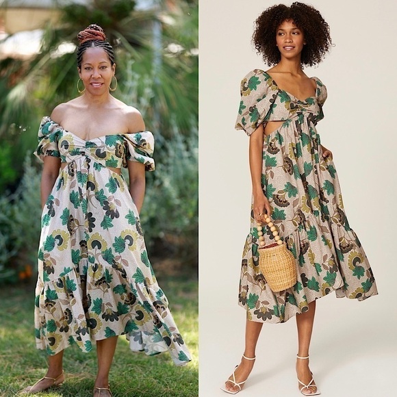 AUTUMN ADEIGBO Floral Print Puff Short Sleeve Cutout Tiered Ruffle Midi Dress 16 - Picture 1 of 16